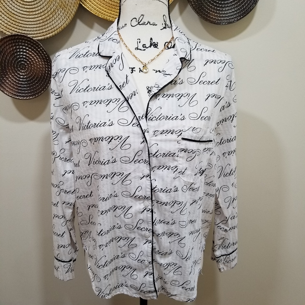 VICTORIA'S SECRET Pajama Top With Black Letters and White and Light Pink Stripes